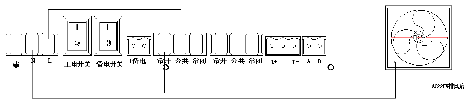 電壓為AC220V功率小于1000W的排風(fēng)扇警燈接線圖示如下.png